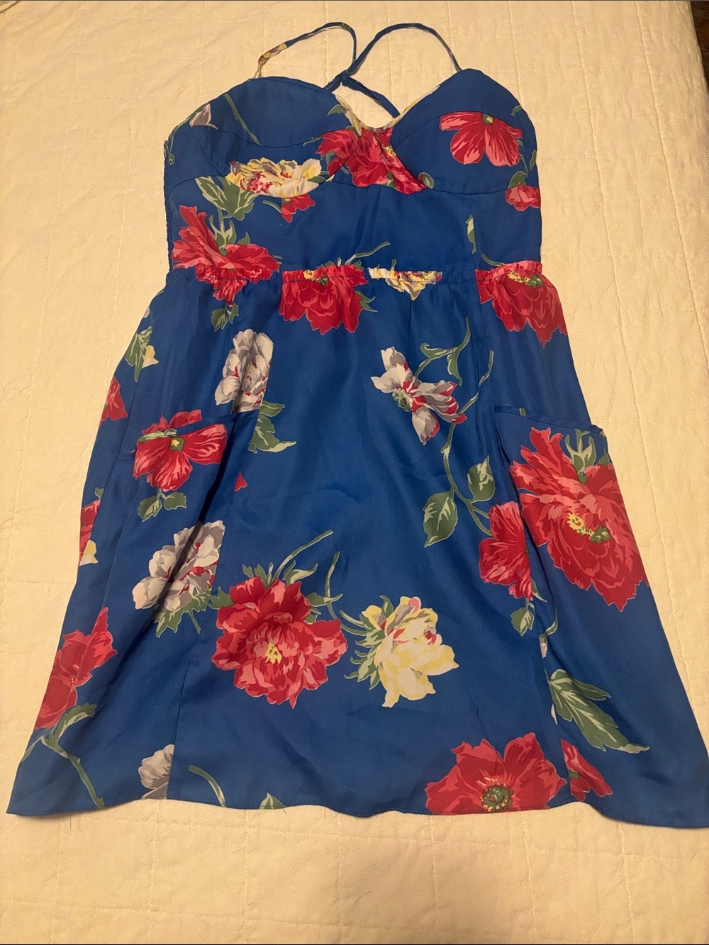 American Eagle Outfitters Royal Blue Floral Sundress with Red and Cream Flowers